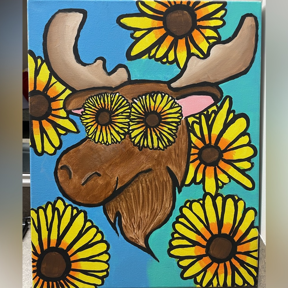 Moose with flowers acrylic painting